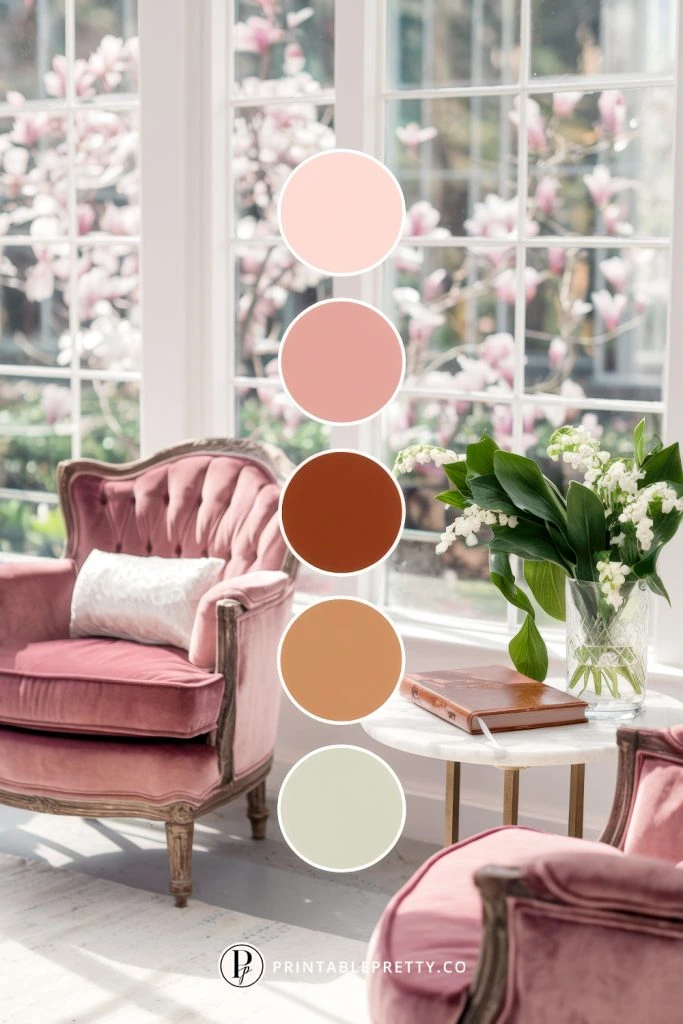 54 Spring Wedding Color Palettes 29 Spring Wedding Color Palette With Blush Pink, Mauve Rose, Terracotta, Peach Tan, And Sage Green Overlaid On Image Of A Bright Vintage Sitting Room With Velvet Chairs, Blooming Magnolia Trees, And A White Floral Bouquet
