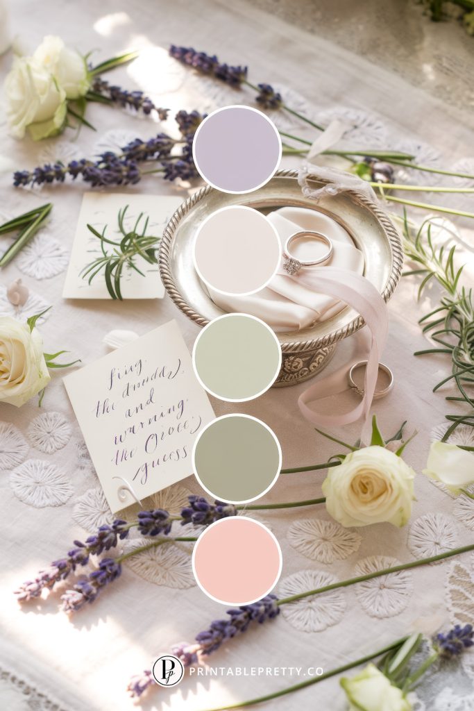 54 Spring Wedding Color Palettes 36 Spring Wedding Color Palette With Soft Lavender, Ivory, Sage Green, Dusty Olive, And Blush Pink Overlaid On Image Of Flatlay With Wedding Rings, Lavender Sprigs, Vintage Calligraphy, And Silk Ribbon On Lace Linens