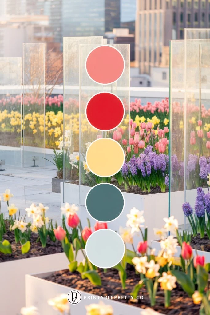 54 Spring Wedding Color Palettes 13 Spring Wedding Color Palette With Coral Pink, Cherry Red, Butter Yellow, Teal Green And Powder Blue Circles Overlaid On Image Of Urban Rooftop Garden With Tulips, Daffodils And Hyacinths