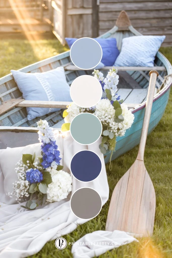 54 Spring Wedding Color Palettes 25 Spring Wedding Color Palette With Powder Blue, Ivory, Seafoam, Navy And Driftwood Gray Circles Overlaid On Image Of Vintage Rowboat Lounge With Blue Hydrangeas And White Pillows