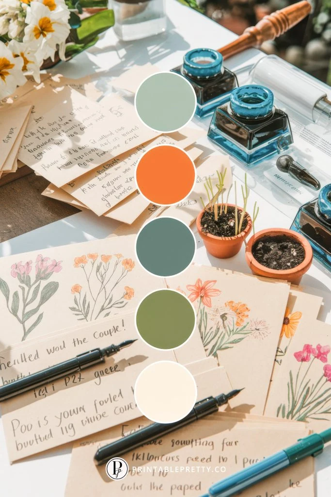 54 Spring Wedding Color Palettes 48 Spring Wedding Color Palette With Terracotta Orange, Sage Green, Deep Teal, Olive, And Ivory Overlaid On Image Of A Garden-Inspired Wedding Table Featuring Handwritten Note Cards, Floral Sketches, Seed Pots, And Ink Pens