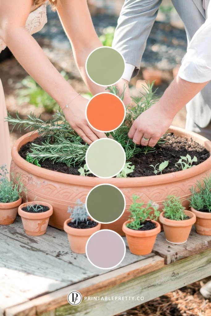 54 Spring Wedding Color Palettes 2 Spring Wedding Color Palette With Sage Green, Terracotta Orange, And Lavender Circles Overlaid On Image Of Bride And Groom Planting Herbs In Terracotta Pots