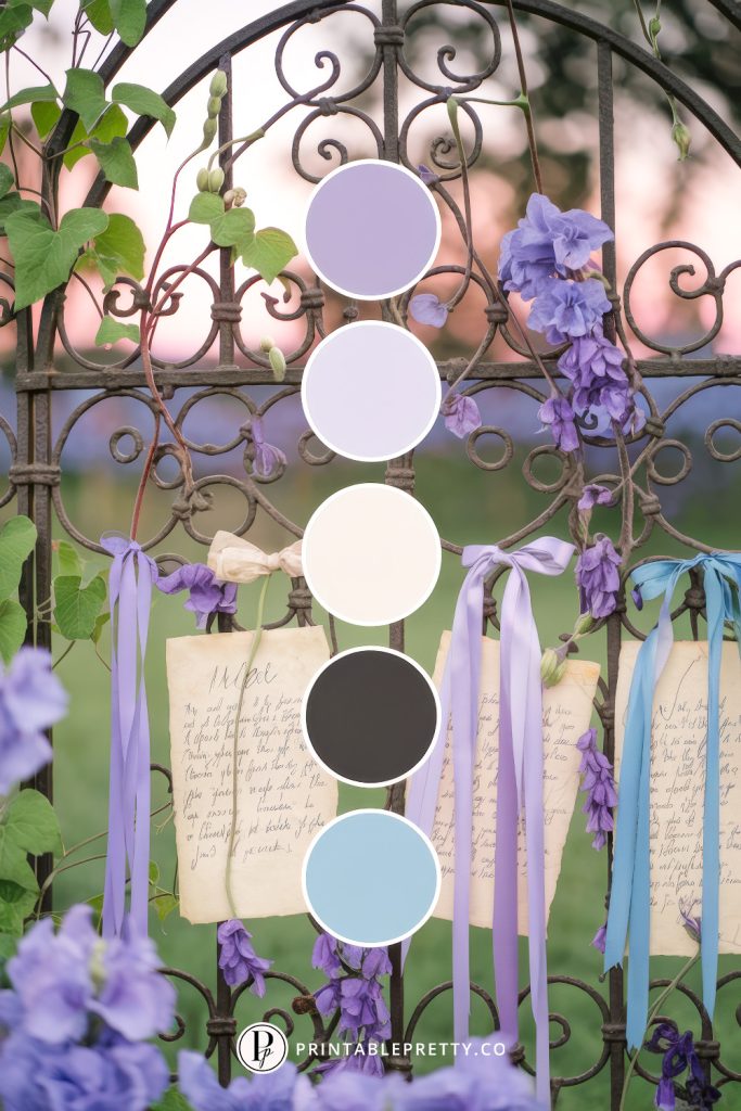 54 Spring Wedding Color Palettes 19 Spring Wedding Color Palette With Periwinkle Purple, White Lilac, Ivory, Charcoal And Powder Blue Circles Overlaid On Image Of Wrought Iron Garden Gate With Wisteria Blooms And Vintage Love Letters Tied With Ribbons