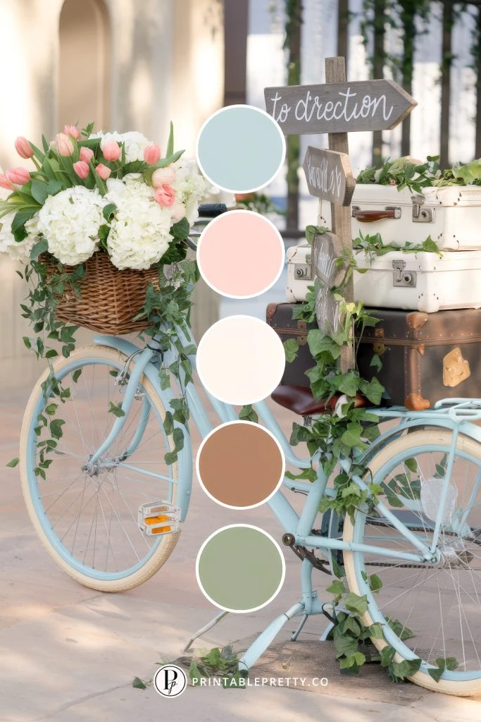 54 Spring Wedding Color Palettes 27 Spring Wedding Color Palette With Aqua Blue, Blush Pink, Ivory, Chestnut Brown, And Sage Green Overlaid On Image Of Vintage Bicycle Decorated With Flowers, Rustic Luggage, And Wooden Wedding Signs