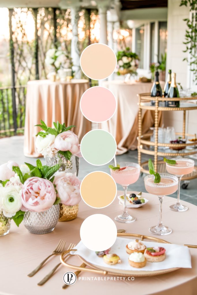 54 Spring Wedding Color Palettes 53 Spring Wedding Color Palette With Peach, Blush Pink, Mint Green, Soft Gold, And Ivory Overlaid On Image Of Chic Cocktail Hour Setup With Rosé Drinks, Bite-Sized Hors D'Oeuvres, Peony Arrangements, And Gold Flatware