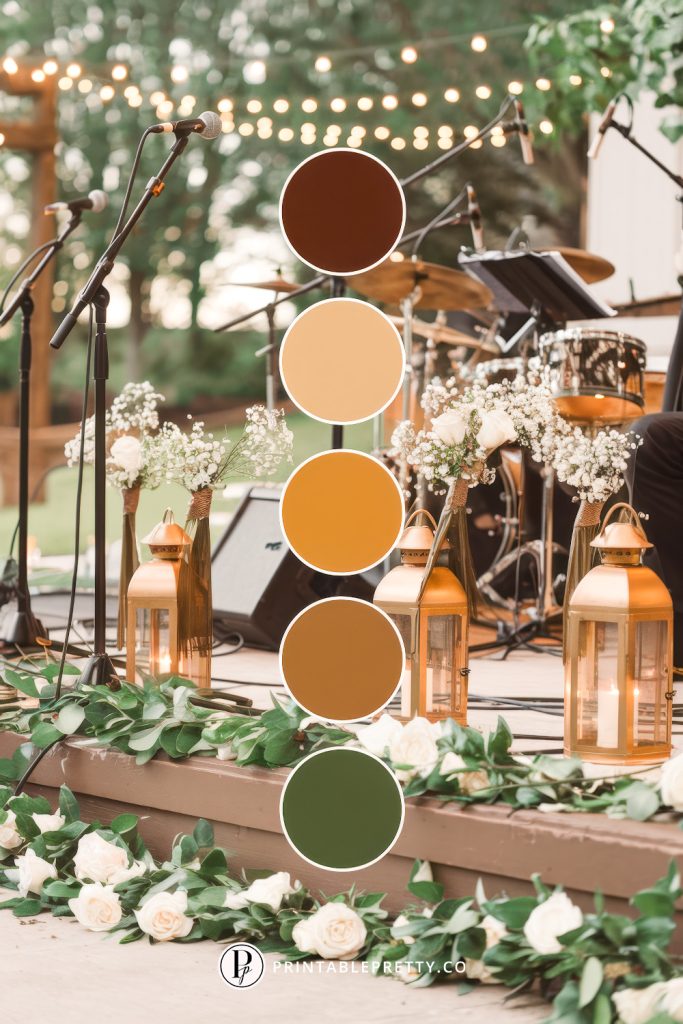 54 Spring Wedding Color Palettes 24 Spring Wedding Color Palette With Mahogany, Beige, Amber, Copper And Forest Green Circles Overlaid On Image Of Outdoor Concert Stage With Lanterns, White Roses And Greenery