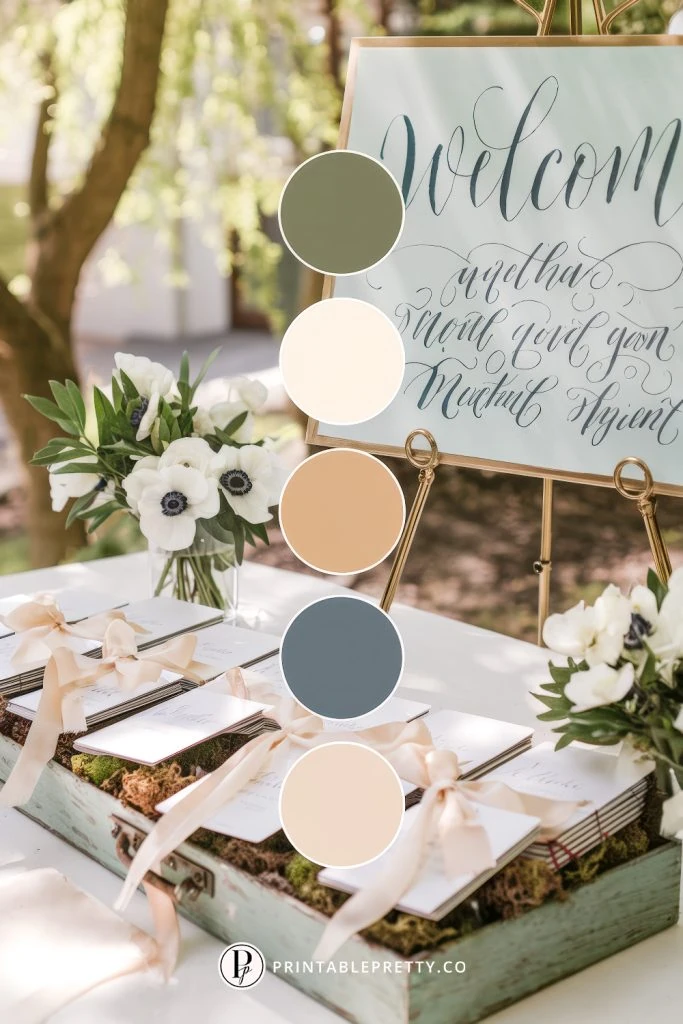 54 Spring Wedding Color Palettes 28 Spring Wedding Color Palette With Sage Green, Ivory Cream, Muted Peach, Slate Blue, And Beige Overlaid On Image Of Elegant Outdoor Wedding Welcome Table With Vintage Suitcase, Calligraphy Sign, Anemone Flowers, And Tied Paper Goods