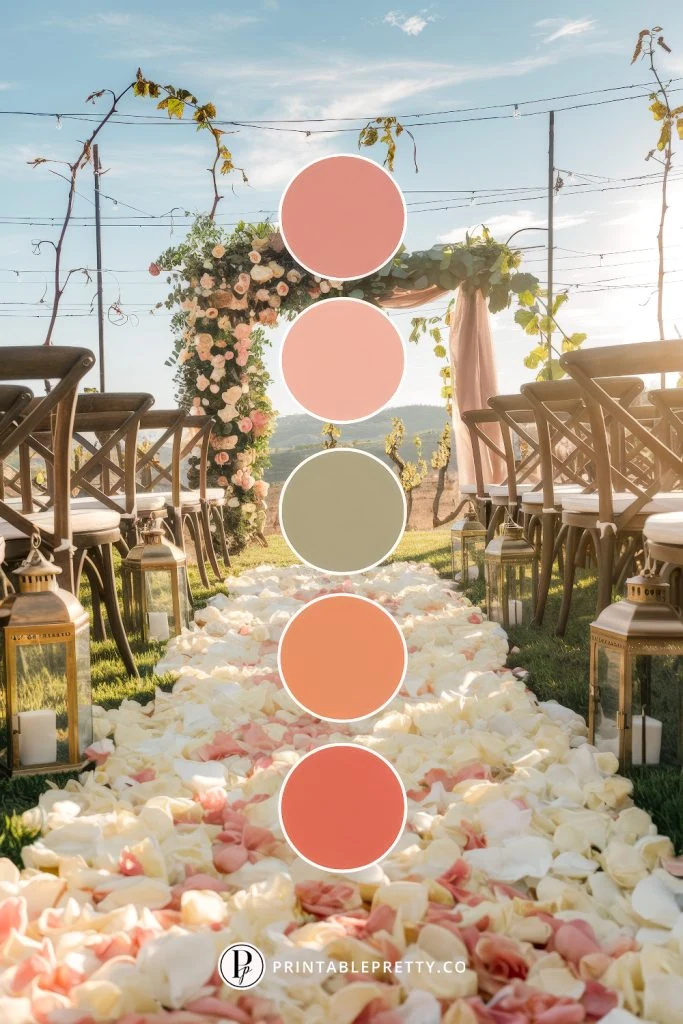 54 Spring Wedding Color Palettes 31 Spring Wedding Color Palette With Terracotta, Blush Pink, Coral, And Olive Green Overlaid On Image Of Vineyard Wedding Ceremony With Floral Aisle, Lanterns, And Floral Arch At Sunset
