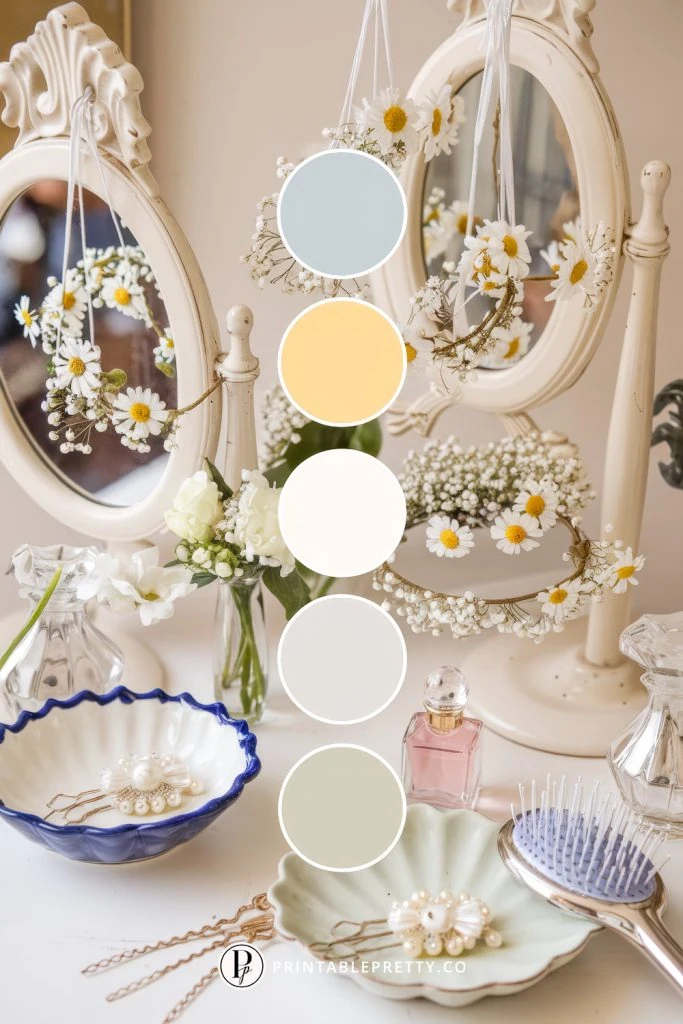54 Spring Wedding Color Palettes 37 Spring Wedding Color Palette With Baby Blue, Butter Yellow, Ivory, Soft Beige, And Pale Sage Overlaid On Image Of Vintage Vanity Setup With Mirrors, Daisies, Perfume, Pearl Accessories, And Scalloped Dishes