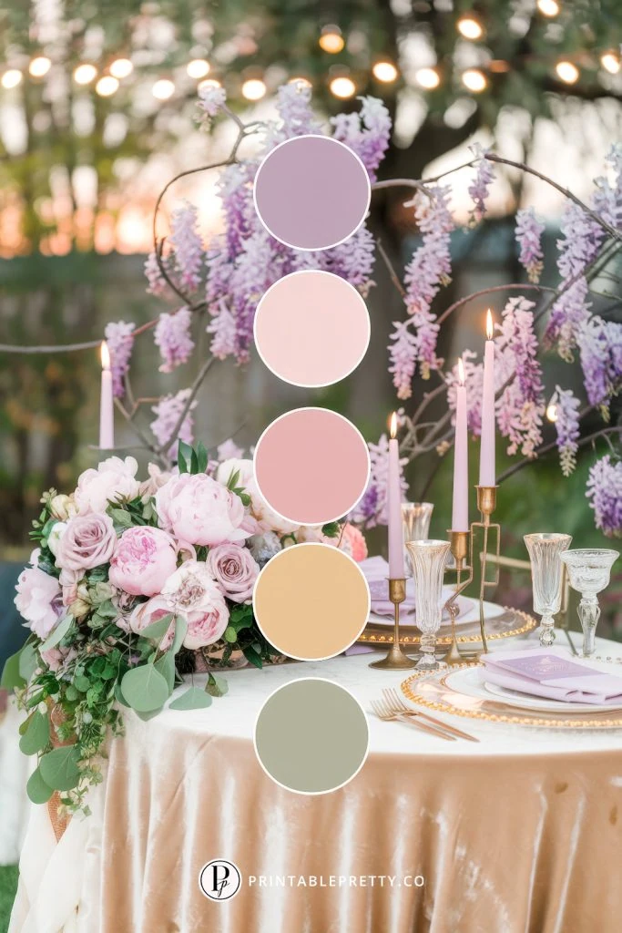 54 Spring Wedding Color Palettes 10 Spring Wedding Color Palette With Lavender Purple, Blush Pink, Rose, Champagne Gold And Sage Green Circles Overlaid On Image Of Romantic Tablescape With Wisteria, Peonies And Taper Candles