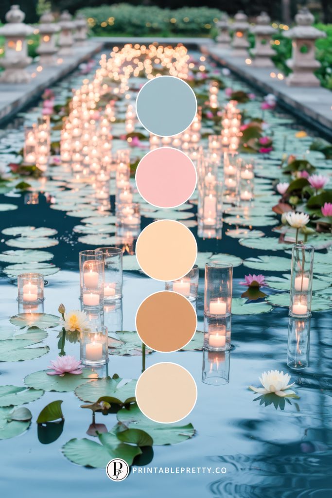 54 Spring Wedding Color Palettes 54 Spring Wedding Color Palette With Dusty Blue, Blush, Golden Peach, Beige, And Cream Overlaid On Image Of Reflecting Pool Lined With Floating Candles, Lily Pads, And Soft Floral Accents At Twilight