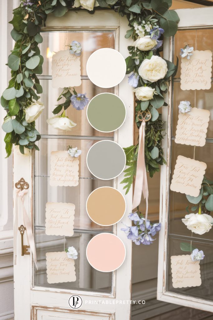 54 Spring Wedding Color Palettes 55 Spring Wedding Color Palette With Ivory, Sage Green, Eucalyptus Gray, Tan, And Blush Overlaid On Image Of Vintage Door Display Decorated With Handwritten Notes, White Roses, Greenery, And Lavender Ribbon Florals