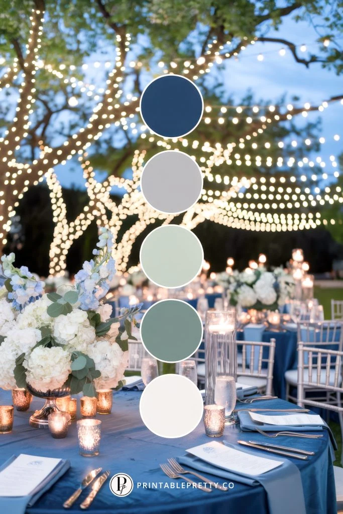 54 Spring Wedding Color Palettes 30 Spring Wedding Color Palette With Navy Blue, Silver Gray, Sage Green, And Ivory Overlaid On Image Of Outdoor Garden Wedding Reception At Night With String Lights, Candles, And Blue Table Settings