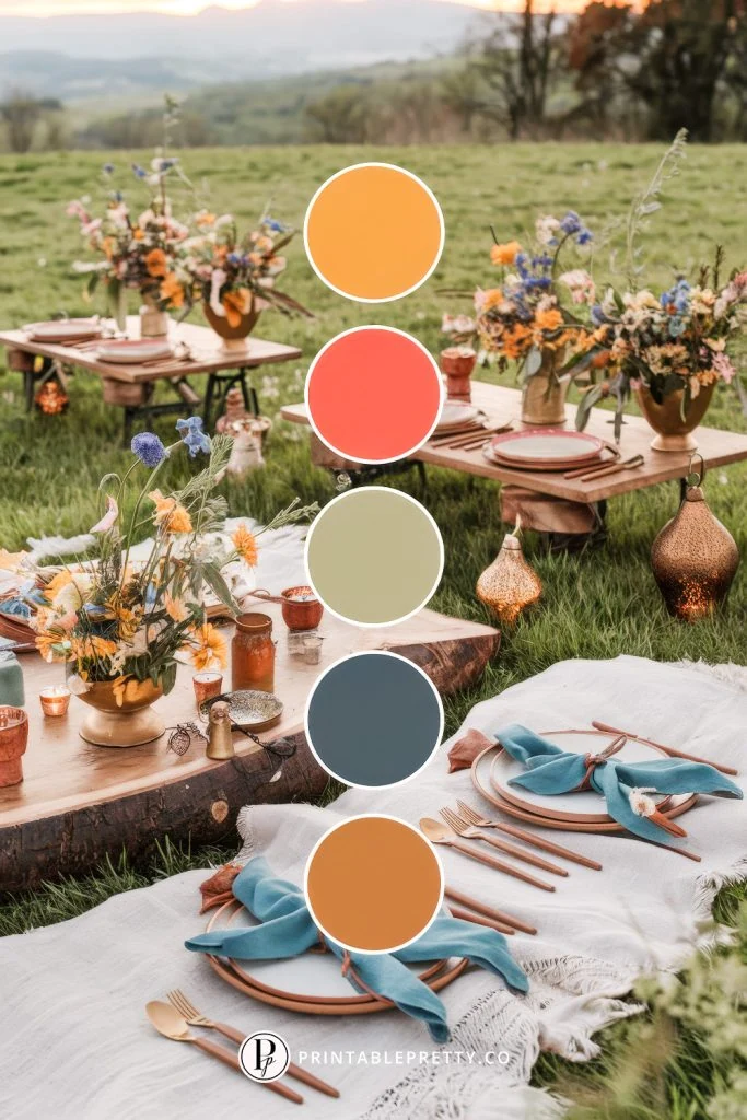 54 Spring Wedding Color Palettes 12 Spring Wedding Color Palette With Orange, Coral, Sage Green, Slate Blue And Amber Circles Overlaid On Image Of Bohemian Meadow Picnic With Wooden Tables, Wildflowers And Mountain Backdrop