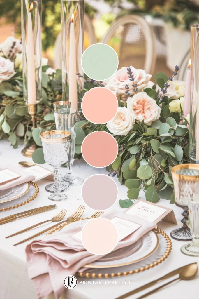 54 Spring Wedding Color Palettes 8 Spring Wedding Color Palette With Sage Green, Peach, Coral, Mauve And Blush Circles Overlaid On Image Of Elegant Tablescape With Garden Roses, Eucalyptus, Gold Flatware And Crystal Stemware
