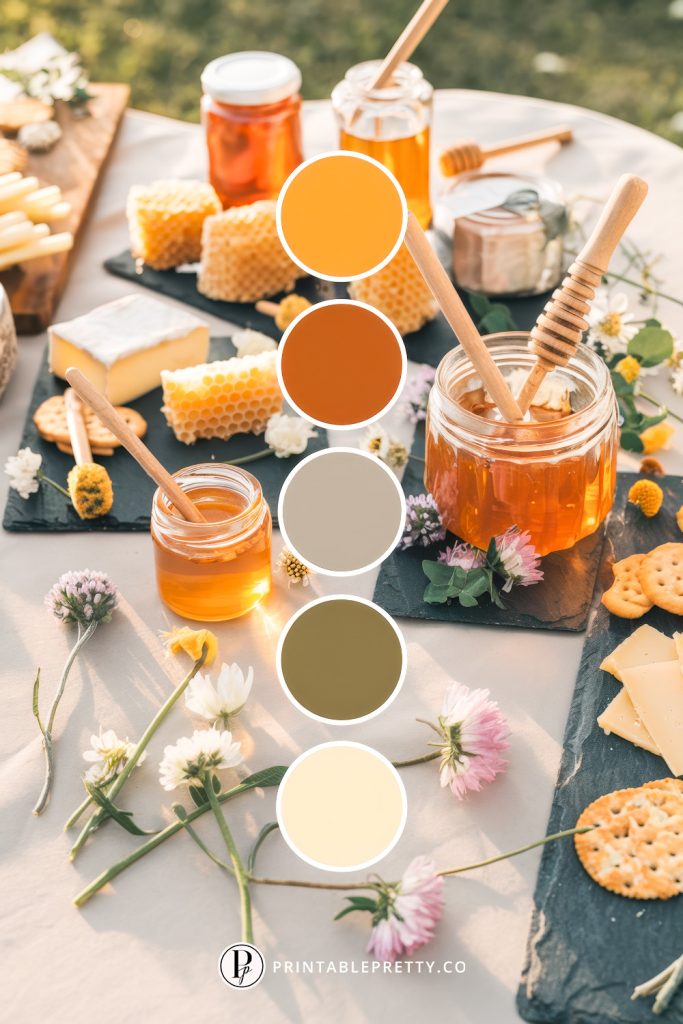 54 Spring Wedding Color Palettes 17 Spring Wedding Color Palette With Golden Yellow, Amber, Taupe, Olive Green And Cream Circles Overlaid On Image Of Honey And Honeycomb Display With Artisanal Cheese Board And Wildflowers