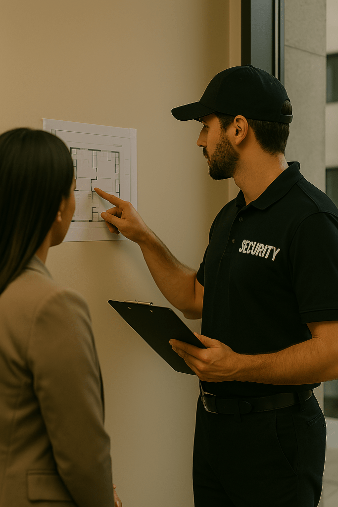 Security Response Sydney technician and client reviewing CCTV placement plans during a site walk-through in Parramatta