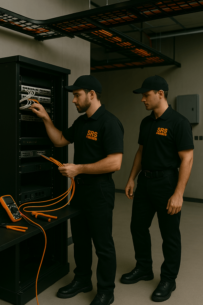 SRS electricians installing structured network cabling in a secure communications room in Sydney