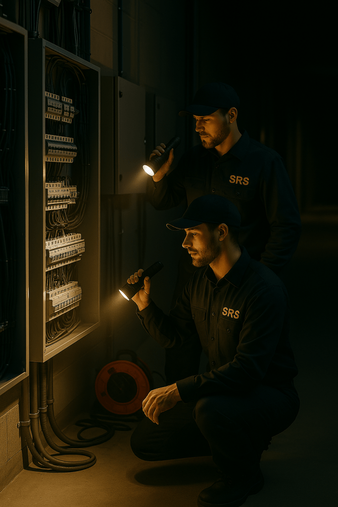 Two SRS electricians inspecting a commercial switchboard at night using torches during a power outage