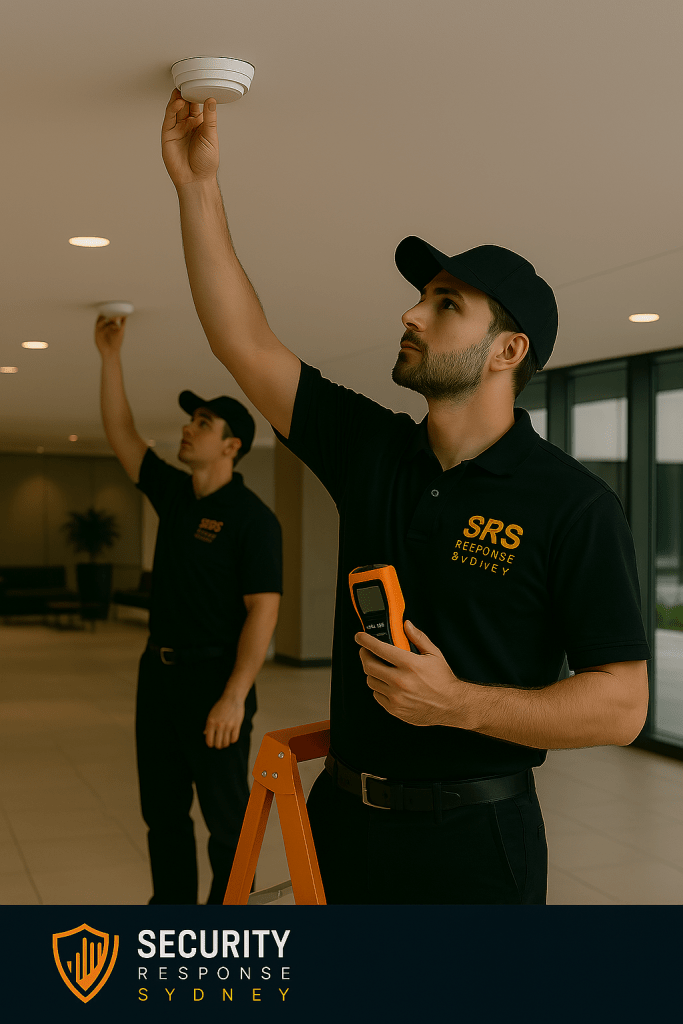 SRS electricians installing structured network cabling in a secure communications room in Sydney