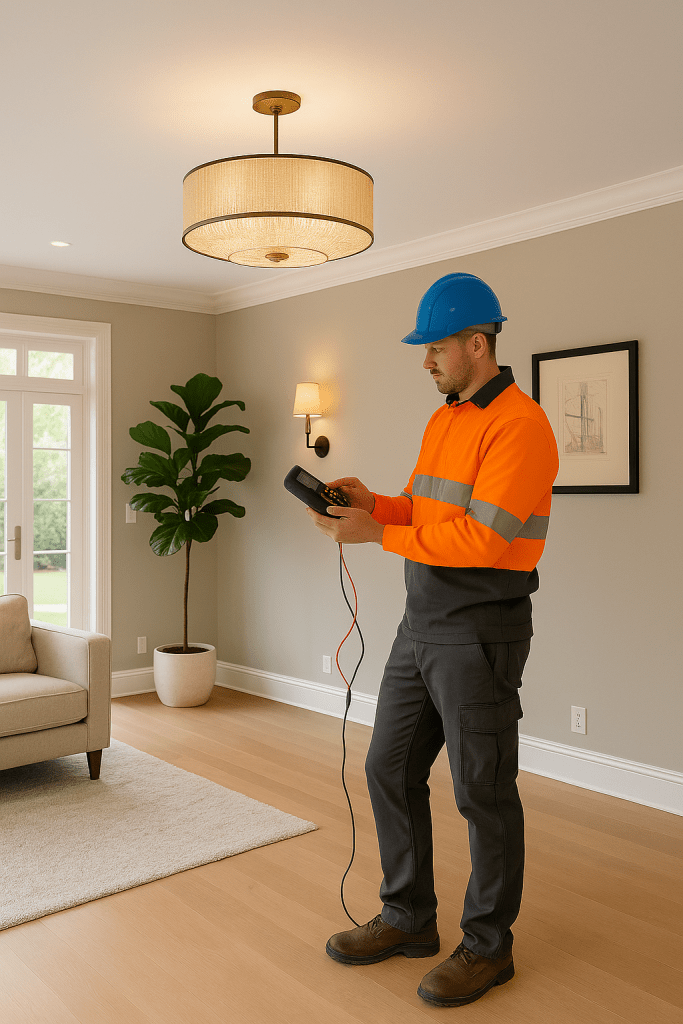 SRS technician performing a residential electrical safety check in a Sydney home.