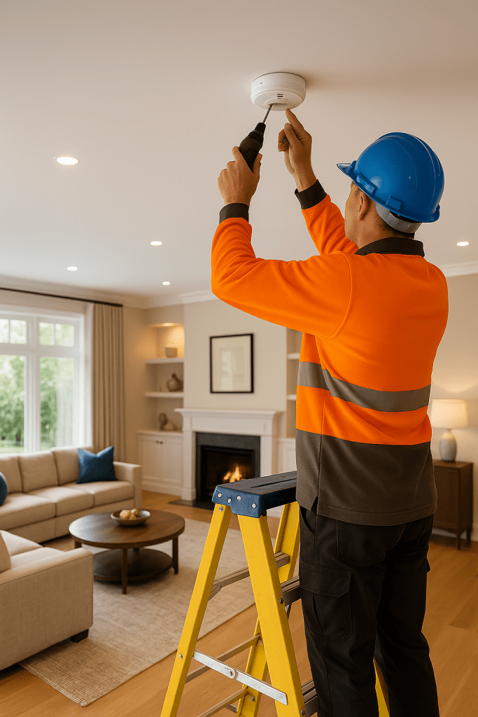 Hardwired smoke alarm being installed in luxury Sydney living room by certified electrician.