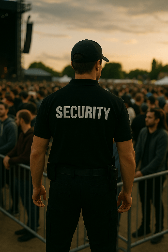 Crowd control guards at a live event in Sydney Olympic Park managing entry.