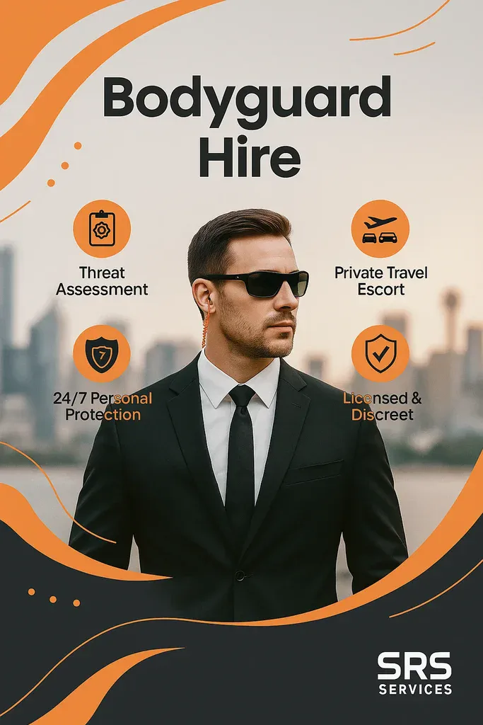 Bodyguard hire Sydney by SRS Security – professional personal protection service with licensed security guards in suits.