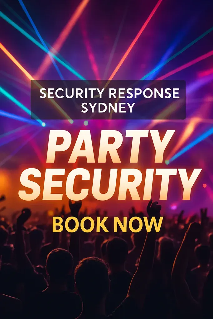 Crowd enjoying a party with colorful lights and Security Response Sydney party security promotion