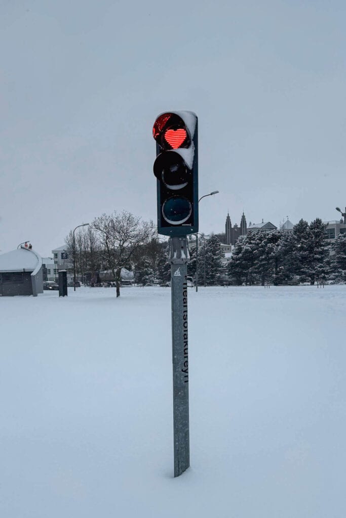 The classic red traffic lights in Akureyri in winter
