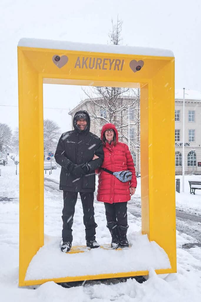 The yellow photo sign in Iceland town centre