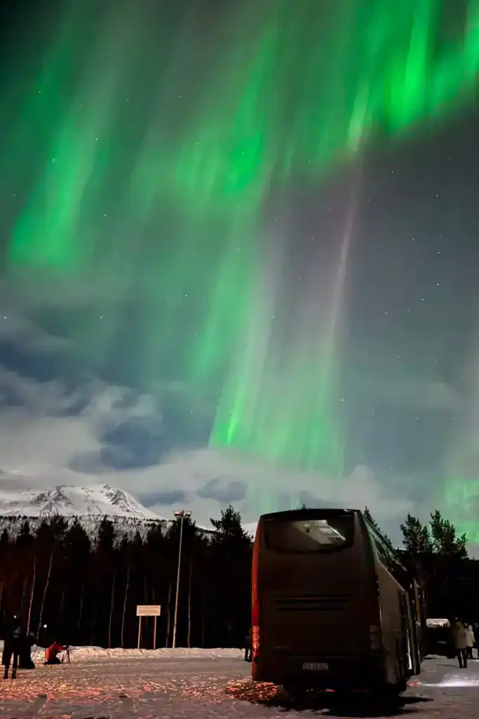 Northern Lights dance over snowy landscape with bus and trees in Tromso, Norway.