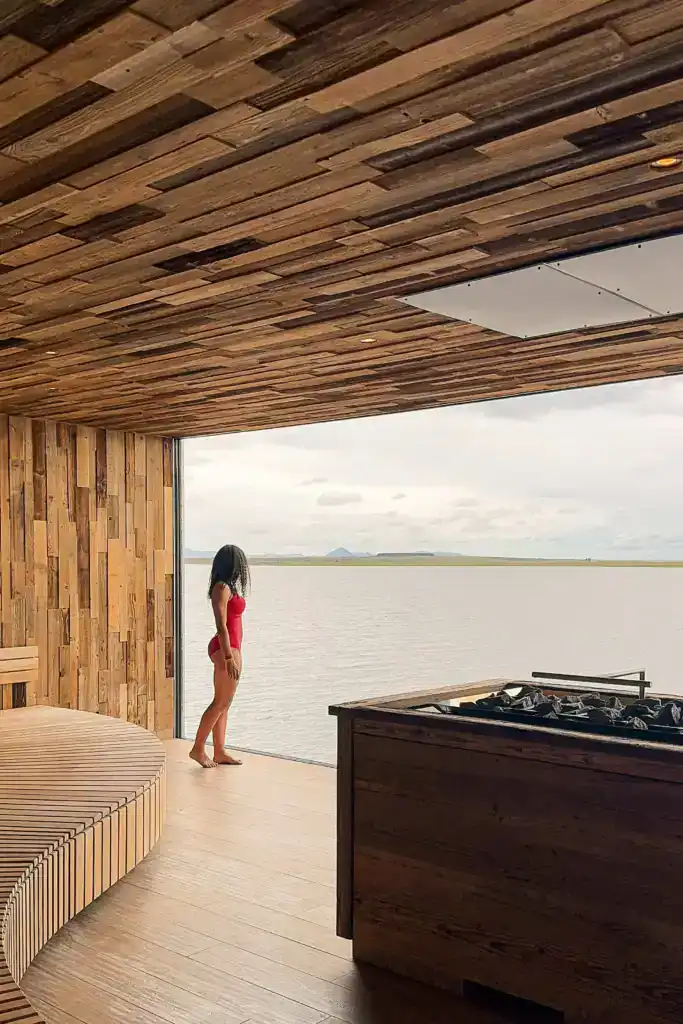 Alice in the sauna at the Sky Lagoon, Iceland