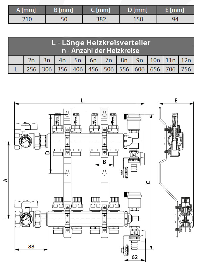 Heizkreisverteiler TechnischeZeichnung