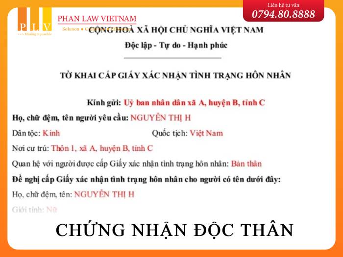 Tờ khai cấp giấy chứng nhận độc thân.