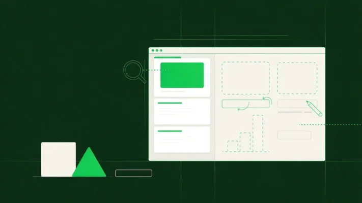 A split website interface illustration showing polished content on the left and in-progress placeholder elements on the right, on a deep green background.