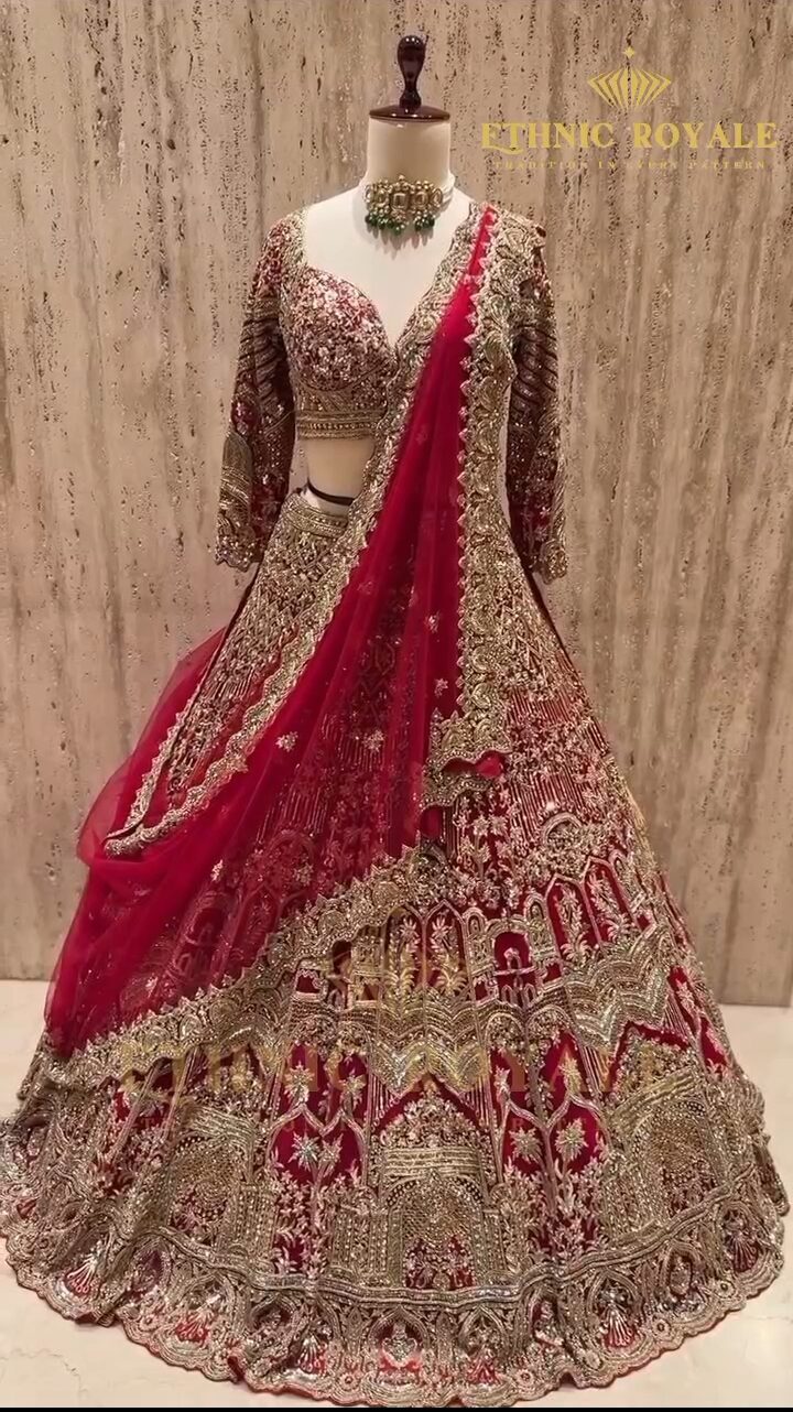 Designer Embroidered Lehenga Cut Dana, Zari & Sequence Work - Red - Semistiched