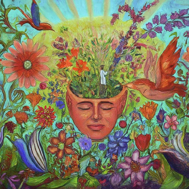 Artistic representation of a serene face with a head blossoming with an array of vibrant flowers and a figure standing amidst the greenery.