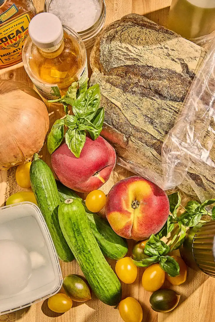 ingredients for peach panzanella salad with burrata