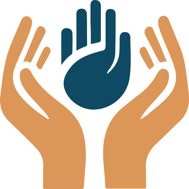 Stilisierte, orange einander zugewandte Hände mit einer blauen Hand in der Mitte.