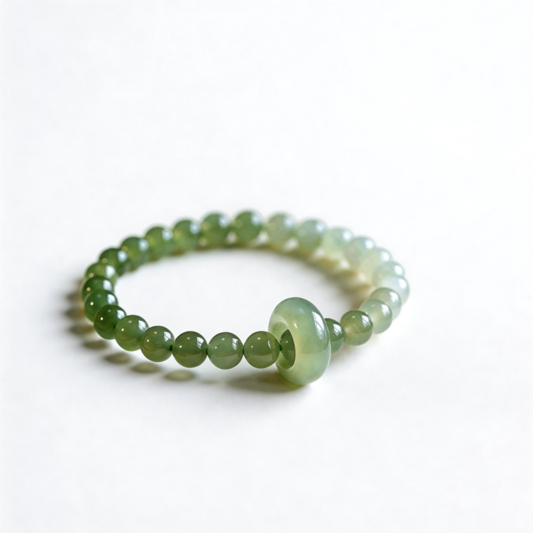 A delicate green jade bead bracelet with a larger, oval jade bead charm, displayed on a clean white background.