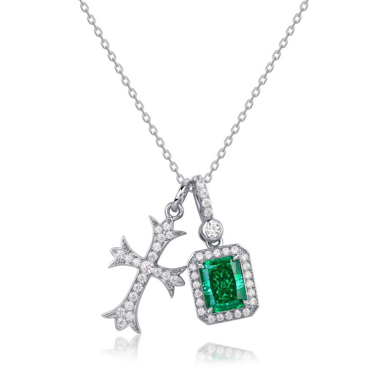 AHQONE Shining High Carbon Diamond Series Double Pendant Necklace | Emerald Diamond + Cross, Personalized Luxury