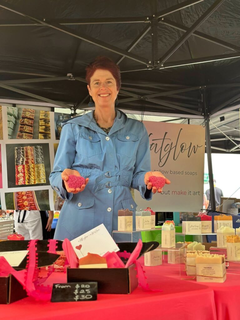 Fatglow grass-fed tallow soap NZ - heart soaps on display at Farmers Market Taranaki