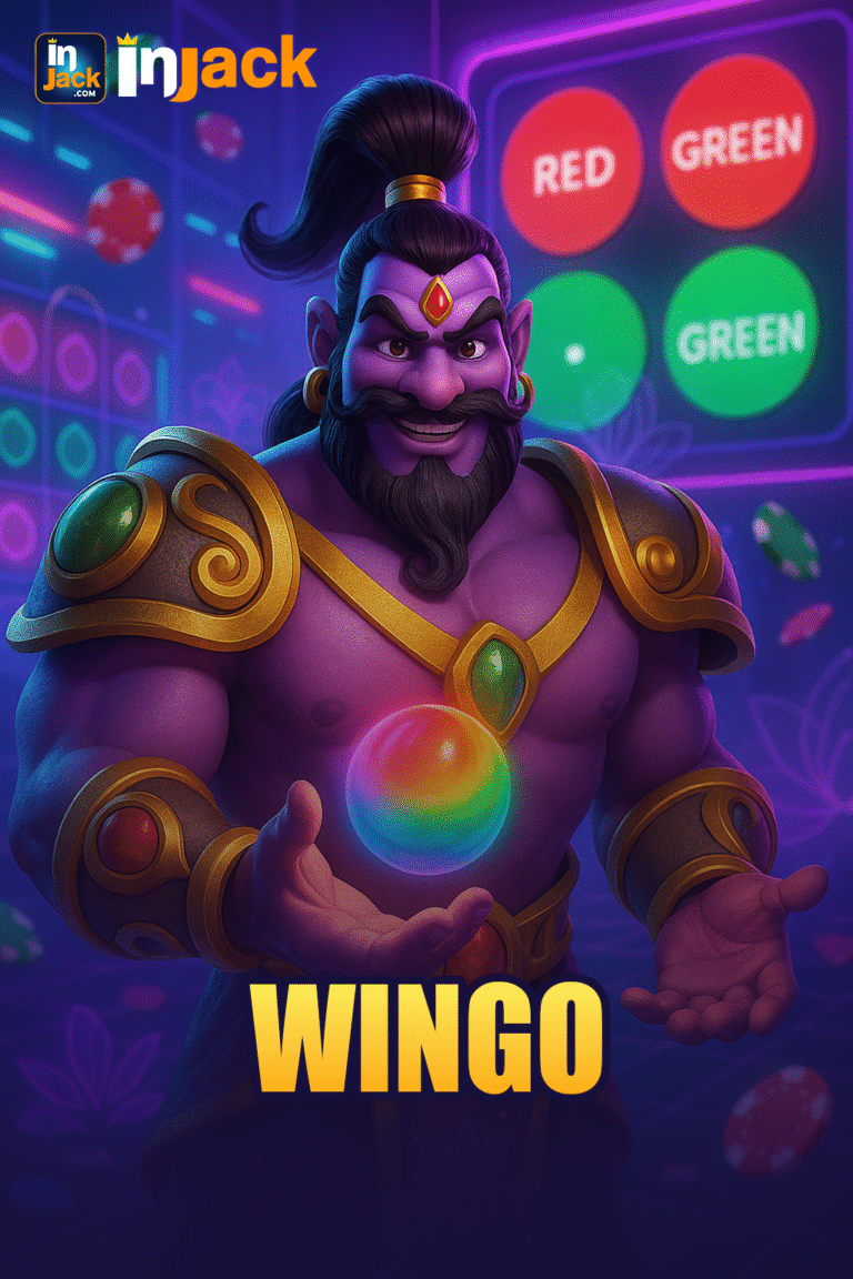 3D purple genie in golden armor conjuring color spheres in a futuristic casino setting for WinGo by InJack Games.