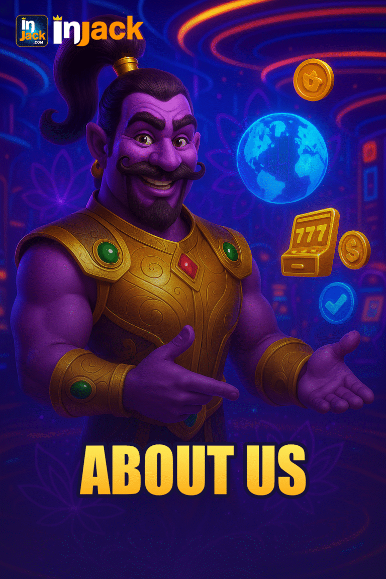 3D illustration of a purple genie in golden armor presenting a glowing blue globe and floating casino icons, symbolizing the global reach and innovation of InJack Games.