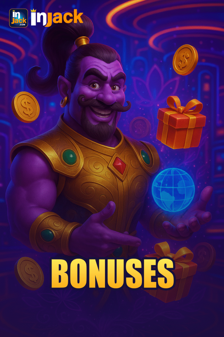 3D illustration of a purple genie in golden armor conjuring floating coins, glowing gift boxes, and a holographic globe in a futuristic casino, representing bonuses at InJack Games.
