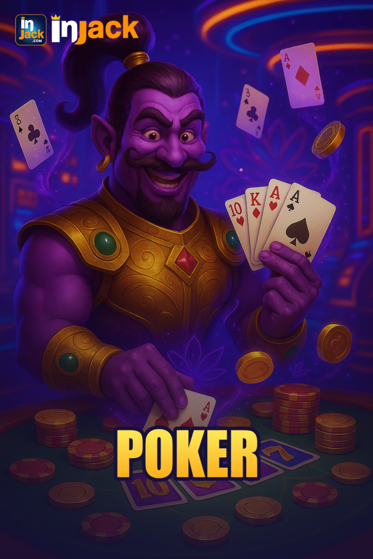 3D illustration of a purple genie in golden armor confidently holding a royal flush while glowing poker chips and playing cards float around a futuristic neon poker table, representing Poker Games in InJack Games.