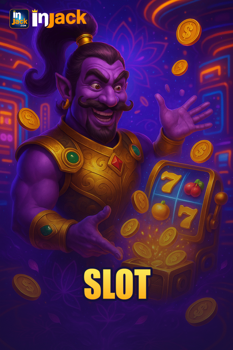 3D illustration of a purple genie in golden armor pulling a glowing slot machine lever as spinning reels and coins explode in a futuristic casino, symbolizing Slot Games in InJack Games.