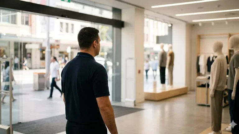 Retail loss prevention officer at a Sydney store entrance.