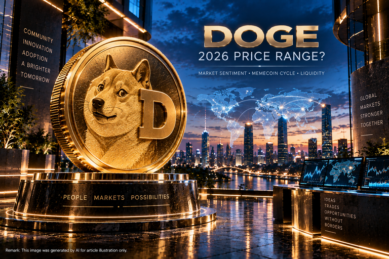 Cinematic gold Dogecoin sculpture in a global crypto-market hub for a 2026 price-threshold analysis